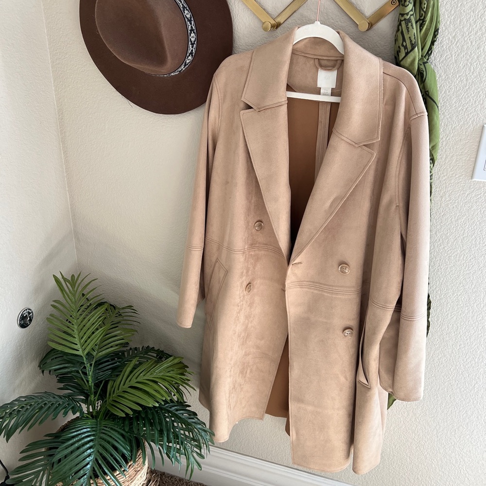 H&M Tan Faux Leather Suede Oversized Trench Longline Jacket Coat